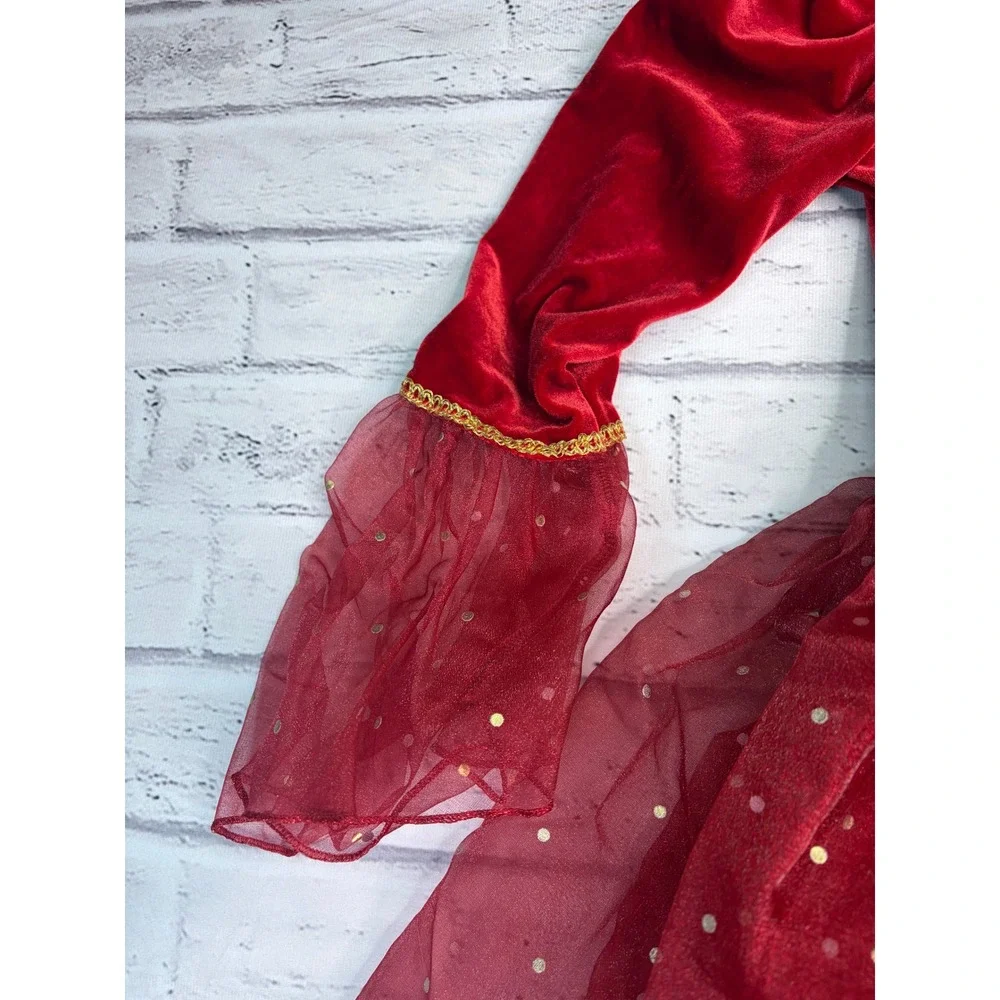 Disney Store Belle Winter Red Velvet Gold Lace Costume Dress Girls 7/8 Gloves
